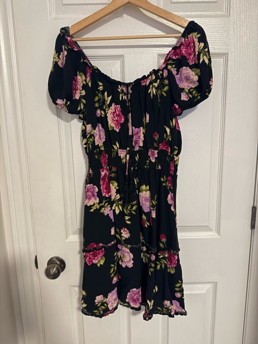 Lily Jane Black Off-Shoulder Floral Dress with Pink & Lavender Blooms